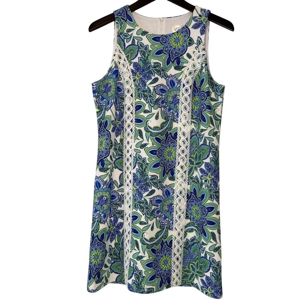 Eliza J Embroidered Shift Dress Womans 8 Floral Blue Green White Stretch Soft